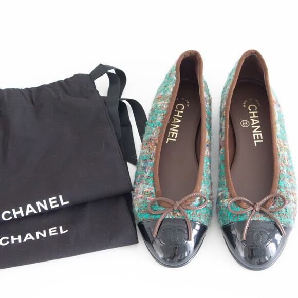 NWOB CHANEL 23A Paris-Dakar Green Tweed Patent CC Cap Toe Bow Ballet Flats EU 36 - Picture 2 of 12